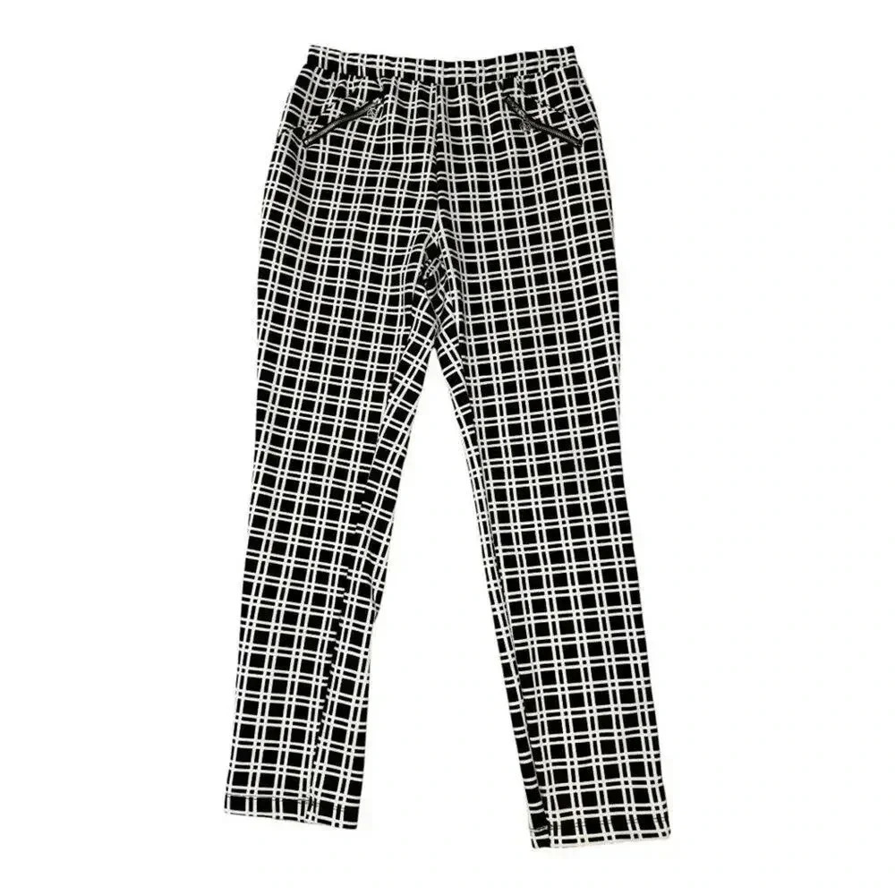 Adrienne Vittadini Women's Medium Black & White Plaid Ankle Pants Casual